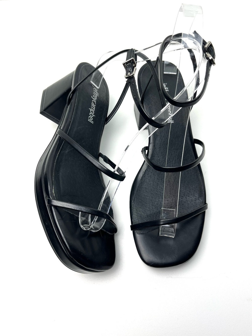 Jeffrey Campbell Orchid Black Faux Leather Strappy Chunky Heel 90s Style Sandals